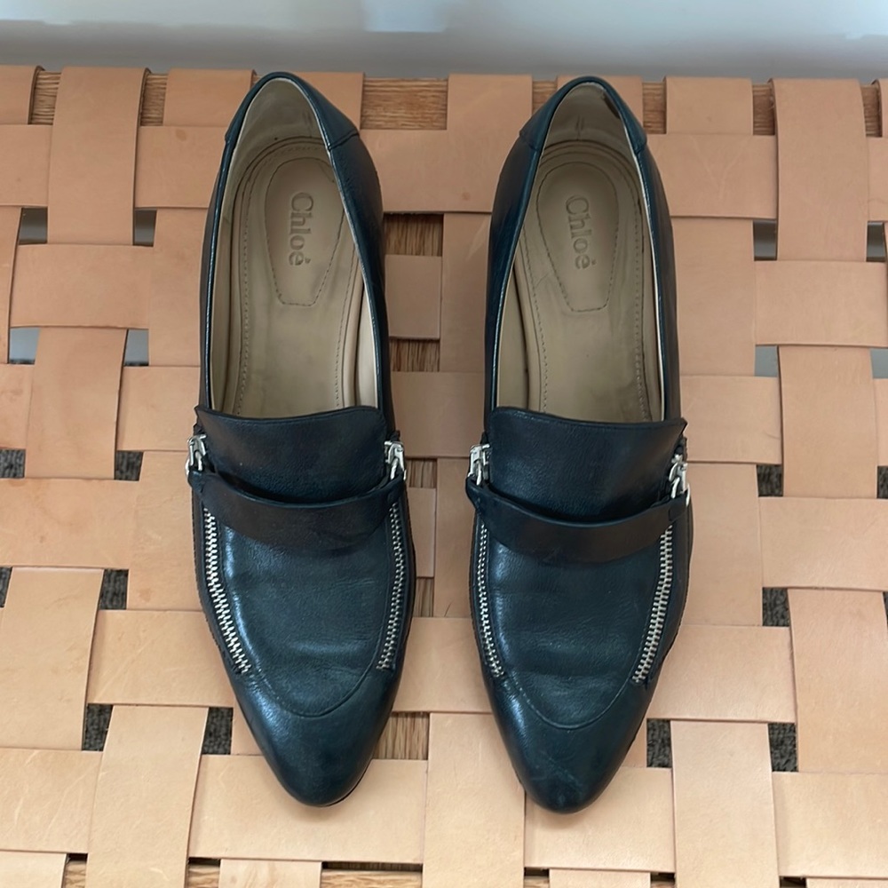 Chloe leather zip loafers with 2 inch heel